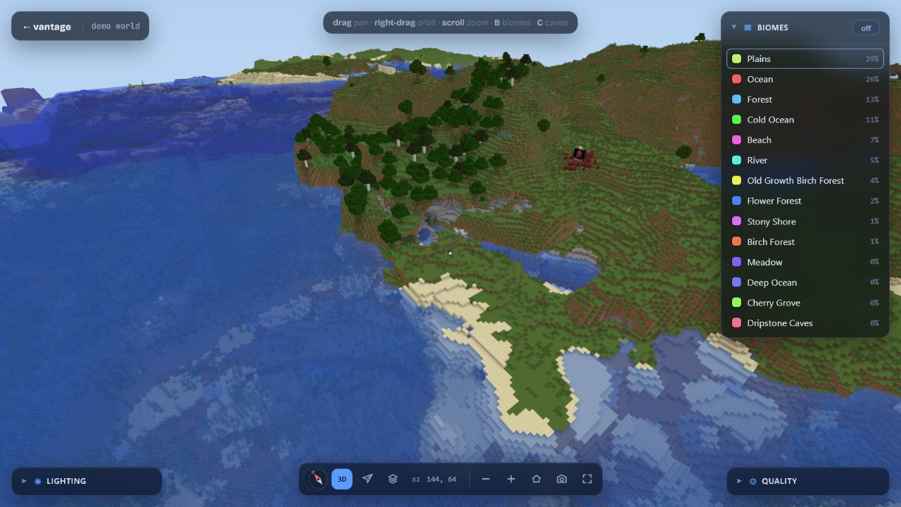 A textured 3D Minecraft world in Vantage